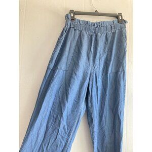 CI Sono Blue Chambray Pants Womens Paper Bag Look Hi Waist Drawstring Jo…